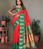 Red silk blend silver golden zari weaving banarasi saree with paisley zari border