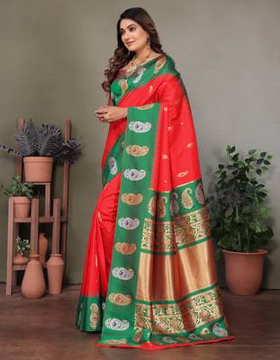 Red silk blend silver golden zari weaving banarasi saree with paisley zari border 2