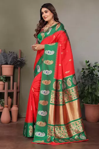 Red silk blend silver golden zari weaving banarasi saree with paisley zari border