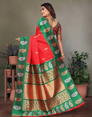 Red silk blend silver golden zari weaving banarasi saree with paisley zari border 3