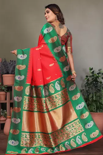 Red silk blend silver golden zari weaving banarasi saree with paisley zari border