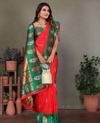 Red silk blend silver golden zari weaving banarasi saree with paisley zari border 4