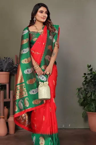 Red silk blend silver golden zari weaving banarasi saree with paisley zari border