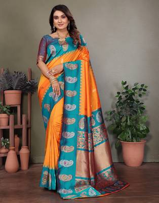 Orange silk blend silver golden zari weaving banarasi saree with paisley zari border 1