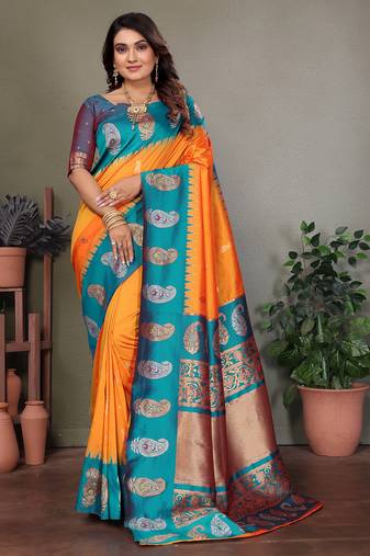 Orange silk blend silver golden zari weaving banarasi saree with paisley zari border