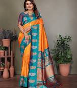 Orange silk blend silver golden zari weaving banarasi saree with paisley zari border