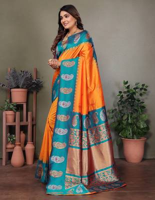 Orange silk blend silver golden zari weaving banarasi saree with paisley zari border 2