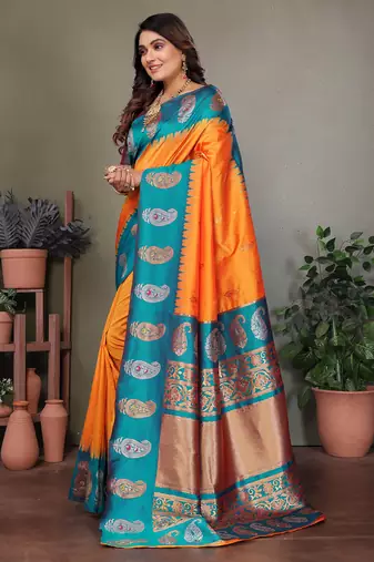 Orange silk blend silver golden zari weaving banarasi saree with paisley zari border