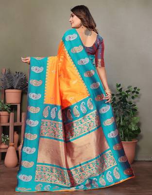 Orange silk blend silver golden zari weaving banarasi saree with paisley zari border 3
