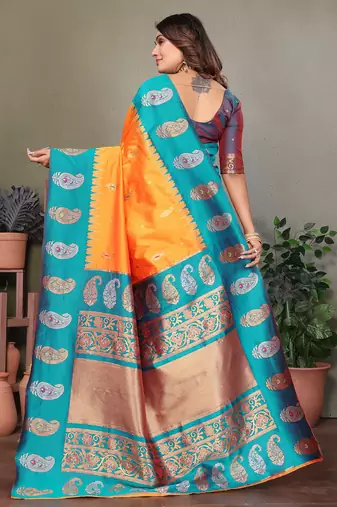 Orange silk blend silver golden zari weaving banarasi saree with paisley zari border