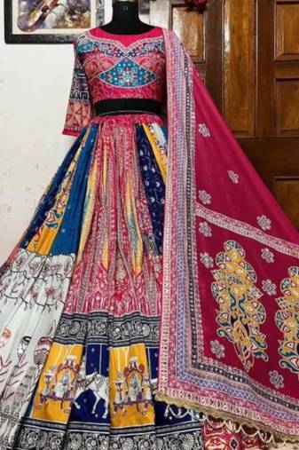 Multicolor Patchwork Lehenga with Intricate Embroidery and Vibrant Printed Dupatta