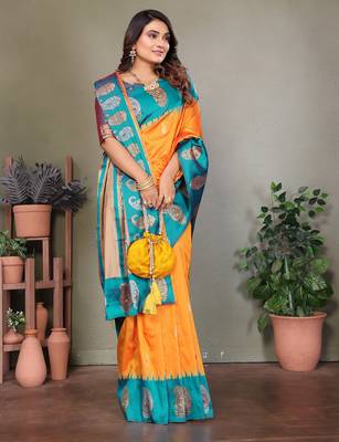 Orange silk blend silver golden zari weaving banarasi saree with paisley zari border 4