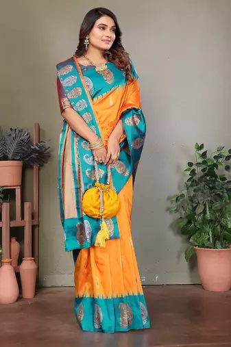 Orange silk blend silver golden zari weaving banarasi saree with paisley zari border
