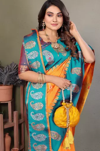 Orange silk blend silver golden zari weaving banarasi saree with paisley zari border