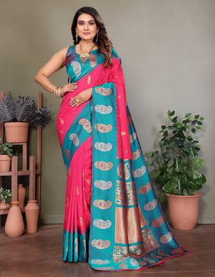 Pink silk blend silver golden zari weaving banarasi saree with paisley zari border 1