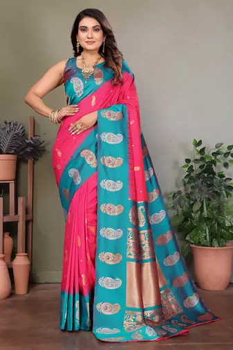 Pink silk blend silver golden zari weaving banarasi saree with paisley zari border