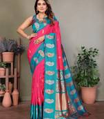 Pink silk blend silver golden zari weaving banarasi saree with paisley zari border