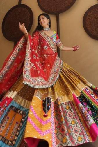Vibrant Multicolor Lehenga with Patchwork Panels and Embellished Red Dupatta