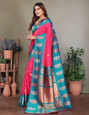 Pink silk blend silver golden zari weaving banarasi saree with paisley zari border 2