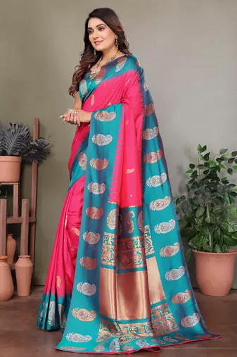 Pink silk blend silver golden zari weaving banarasi saree with paisley zari border