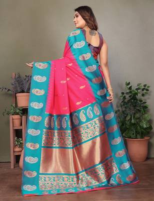 Pink silk blend silver golden zari weaving banarasi saree with paisley zari border 3