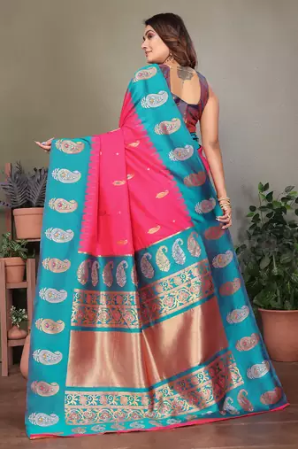 Pink silk blend silver golden zari weaving banarasi saree with paisley zari border