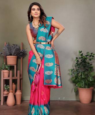 Pink silk blend silver golden zari weaving banarasi saree with paisley zari border 4