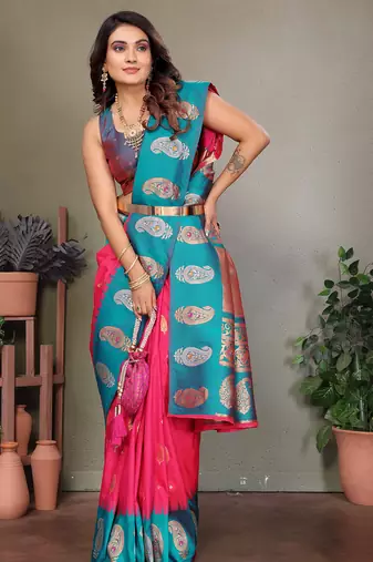 Pink silk blend silver golden zari weaving banarasi saree with paisley zari border