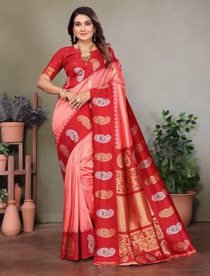 Light pink silk blend silver golden zari weaving banarasi saree with paisley zari border 1