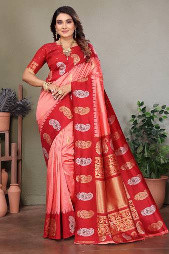 Light pink silk blend silver golden zari weaving banarasi saree with paisley zari border