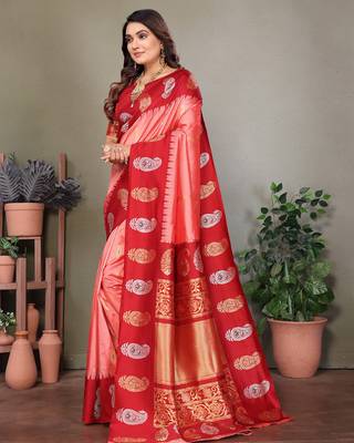 Light pink silk blend silver golden zari weaving banarasi saree with paisley zari border 2
