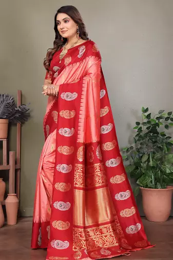 Light pink silk blend silver golden zari weaving banarasi saree with paisley zari border
