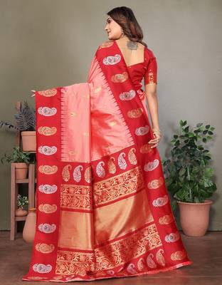 Light pink silk blend silver golden zari weaving banarasi saree with paisley zari border 3