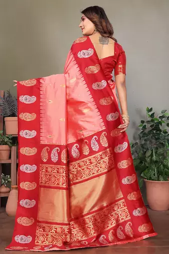 Light pink silk blend silver golden zari weaving banarasi saree with paisley zari border