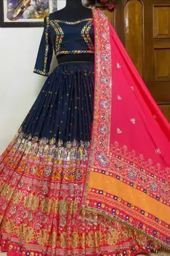 Elegant Black and Pink Mirror Work Lehenga with Traditional Embroidery