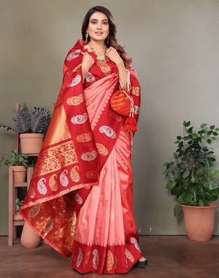 Light pink silk blend silver golden zari weaving banarasi saree with paisley zari border 4