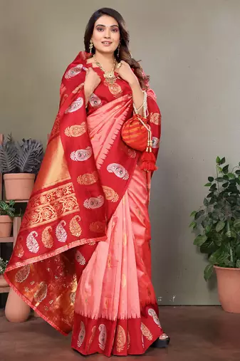 Light pink silk blend silver golden zari weaving banarasi saree with paisley zari border