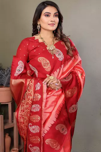Light pink silk blend silver golden zari weaving banarasi saree with paisley zari border