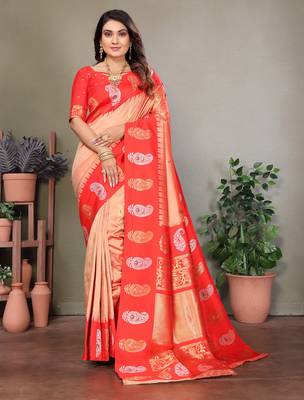 Peach silk blend silver golden zari weaving banarasi saree with paisley zari border 1