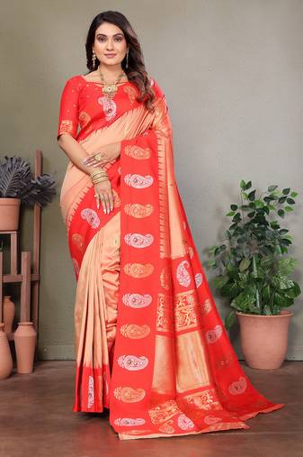 Peach silk blend silver golden zari weaving banarasi saree with paisley zari border