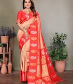 Peach silk blend silver golden zari weaving banarasi saree with paisley zari border