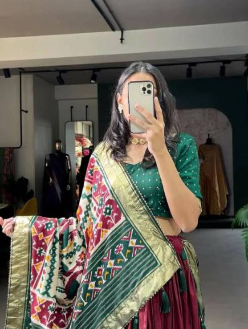 Elegant Tussar Silk Patola Print Lehenga Set with Dupatta