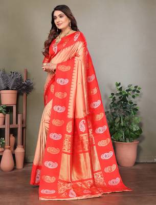 Peach silk blend silver golden zari weaving banarasi saree with paisley zari border 2