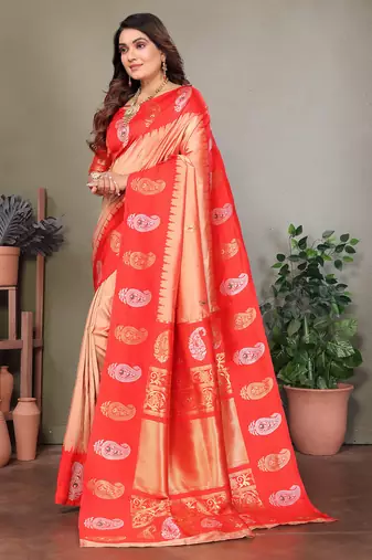 Peach silk blend silver golden zari weaving banarasi saree with paisley zari border