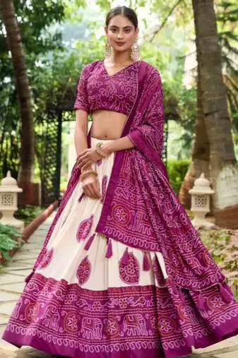 Magenta Tussar Silk Bandhej Print Lehenga Set with Gotta Patti Dupatta