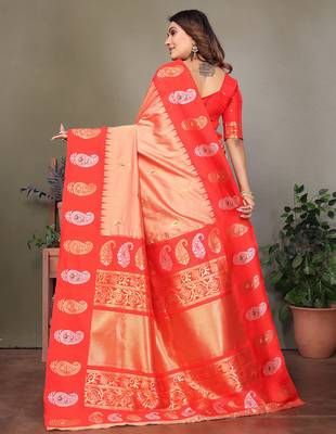 Peach silk blend silver golden zari weaving banarasi saree with paisley zari border 3
