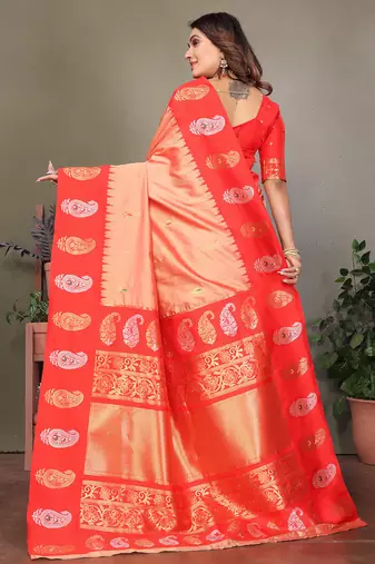 Peach silk blend silver golden zari weaving banarasi saree with paisley zari border