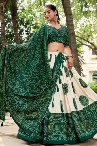 Green Tussar Silk Bandhej Print Lehenga Set with Gotta Patti Dupatta