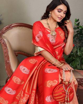 Peach silk blend silver golden zari weaving banarasi saree with paisley zari border 5