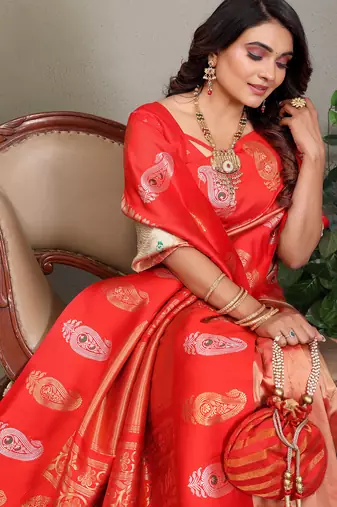 Peach silk blend silver golden zari weaving banarasi saree with paisley zari border